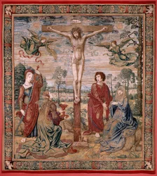 flamsk gobelin. Serien Dais of Charles V (Baldachin of Margaret of Austria). Barmhjertighedens Kristus (Cristo de la Misericordia). Tapestry panel bag podiet. Model Bernard van Orley (1491-1542). Fremstilling Pieter de Pannemaker, Bruxelles. 1518-1524. Sto