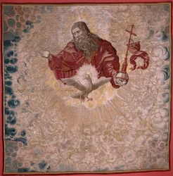 flamsk gobelin. Serien Dais of Charles V (Baldachin of Margaret of Austria). Gud Faderen og Helligånden (El Padre Eterno y el Espíritu Santo). Tapestry baldachin af podiet. Model Bernard van Orley (1491-1542). Fremstilling Pieter de Pannemaker,