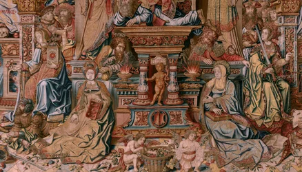 flamsk gobelin. Serien The Honours. Tro (La Fe). Første gobelin i serien. Modeltegnere fra Bernard van Orleys og Jan Gossaerts kreds (Mabuse). Fremstilling Pieter van Aelst, Bruxelles. Ca 1550. Stof Guld, sølv, silke og uld.