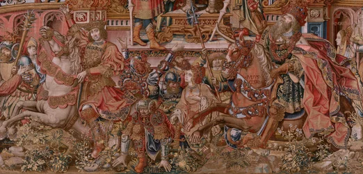 flamsk gobelin. Serien The Honours. Berømmelse (La Fama). Tredje gobelin i serien. Modeltegnere fra Bernard van Orleys og Jan Gossaerts kreds (Mabuse). Fremstilling Pieter van Aelst, Bruxelles. Ca 1550. Stof Guld, sølv, silke og uld.