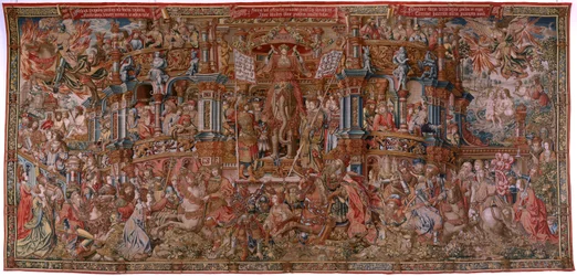 flamsk gobelin. Serien The Honours. Berømmelse (La Fama). Tredje gobelin i serien. Modeltegnere fra Bernard van Orleys og Jan Gossaerts kreds (Mabuse). Fremstilling Pieter van Aelst, Bruxelles. Ca 1550. Stof Guld, sølv, silke og uld.