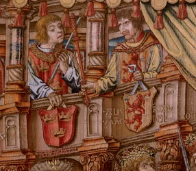 flamsk gobelin. Serien The Honours. Ære (El Ære). Andet gobelin i serien. Modeltegnere fra Bernard van Orleys og Jan Gossaerts kreds (Mabuse). Fremstilling Pieter van Aelst, Bruxelles. Ca 1550. Stof Guld, sølv, silke og uld.