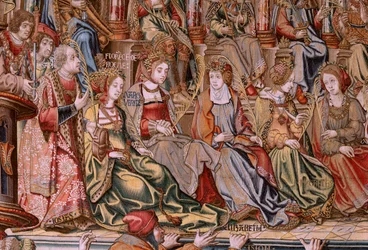 flamsk gobelin. Serien The Honours. Ære (El Ære). Andet gobelin i serien. Modeltegnere fra Bernard van Orleys og Jan Gossaerts kreds (Mabuse). Fremstilling Pieter van Aelst, Bruxelles. Ca 1550. Stof Guld, sølv, silke og uld.