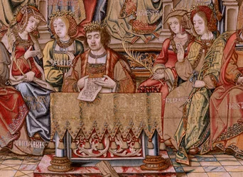 flamsk gobelin. Serien The Honours. Ære (El Ære). Andet gobelin i serien. Modeltegnere fra Bernard van Orleys og Jan Gossaerts kreds (Mabuse). Fremstilling Pieter van Aelst, Bruxelles. Ca 1550. Stof Guld, sølv, silke og uld.