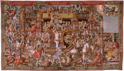 flamsk gobelin. Serien The Honours. Infamy (La Infamia). Sjette gobelin i serien. Modeltegnere fra Bernard van Orleys og Jan Gossaerts kreds (Mabuse). Fremstilling Pieter van Aelst, Bruxelles. Ca 1550. Stof Guld, sølv, silke og uld.