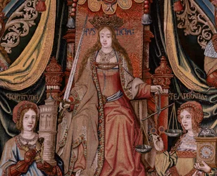 flamsk gobelin. Serien The Honours. Retfærdighed (La Justicia, Los Honores). Niende gobelin i serien. Modeltegnere fra Bernard van Orleys og Jan Gossaerts kreds (Mabuse). Fremstilling Pieter van Aelst, Bruxelles. Ca 1550. Stof Guld, sølv,