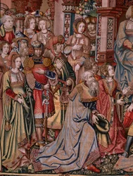 flamsk gobelin. Serien The Honours. Retfærdighed (La Justicia, Los Honores). Niende gobelin i serien. Modeltegnere fra Bernard van Orleys og Jan Gossaerts kreds (Mabuse). Fremstilling Pieter van Aelst, Bruxelles. Ca 1550. Stof Guld, sølv,