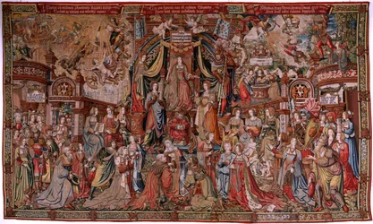 flamsk gobelin. Serien The Honours. Retfærdighed (La Justicia, Los Honores). Niende gobelin i serien. Modeltegnere fra Bernard van Orleys og Jan Gossaerts kreds (Mabuse). Fremstilling Pieter van Aelst, Bruxelles. Ca 1550. Stof Guld, sølv,