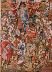 flamsk gobelin. Serie The Honours; Adel (La Nobleza). Fjerde gobelin i serien. Modeltegnere fra Bernard van Orleys og Jan Gossaerts kreds (Mabuse). Fremstilling Pieter van Aelst, Bruxelles. Ca 1550. Stof Guld, sølv, silke og woo