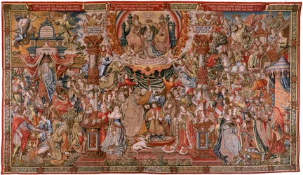 Flamsk tapet. Serie Hædersbevisningerne; Adel (La Nobleza). Fjerde tapet i serien. Forlæg af kartontegnere fra kredsen omkring Bernard van Orley og Jan Gossaert (Mabuse). Manufaktur Pieter van Aelst, Bruxelles. Ca. 1550. Materialer: guld, sølv, silke og