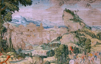 flamsk gobelin. Serien The Passion of Christ. Fald på vej til Golgata (Caída en el camino del Calvario). Andet gobelin i serien. Modeller Tegner Bernard van Orley. Fremstilling Pieter de Pannemaker, Bruxelles. Ca 1518-1523. Stof guld, sølv,