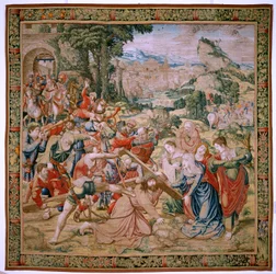 flamsk gobelin. Serien The Passion of Christ. Fald på vej til Golgata (Caída en el camino del Calvario). Andet gobelin i serien. Modeller Tegner Bernard van Orley. Fremstilling Pieter de Pannemaker, Bruxelles. Ca 1518-1523. Stof guld, sølv,