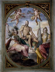 Allegorisk fremstilling af Cosimo I, fresco, af Bernardino Poccetti (1548-1612). Sala di Bona loft, Pitti Palace, Firenze. Italien