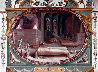 Repræsentation af værkstedet for et våbenstøberi. Fresco af Bernardino Barbatelli dit Poccetti (1548-1612) Firenze, Uffizi Gallery (Uffizi)