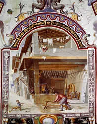 Repræsentation af en våbensmeds værksted, i bunden af ovnen, laver en af arbejderne et sværd. Fresco af Bernardino Barbatelli dit Poccetti (1548-1612) Firenze, Galleria degli Uffizi (Uffizi)