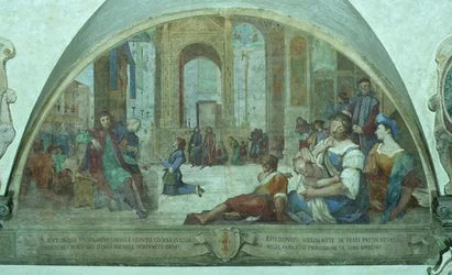 Den unge St. Anthony beder før krucifikset på byens torv (fresko)