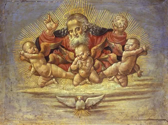 Del af et alterstykke, der forestiller Gud Faderen med tre engle, ca. 1500 (tempera på træ)