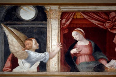 Bebudelsen, detalje fra Jomfrucyklus (1553), fresko af Bernardino Lanino (1512-1583), nederste sakristi i Novara-katedralen, Piemonte, Italien