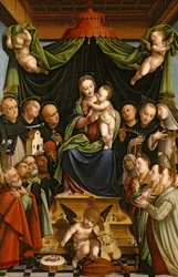 Madonna og barn troner med hellige og donorer