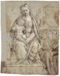Madonna med barn, en krigerisk helgen (Michael) og en gruppe tilbedere