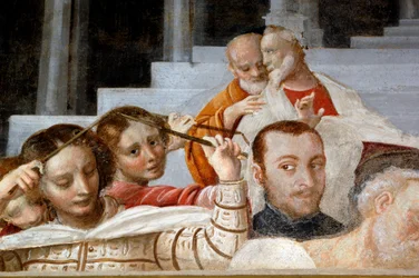 Mandlige og kvindelige figurer, detalje fra Jomfrucyklus (1553), fresko af Bernardino Lanino (1512-1583), nederste sakristi i Novara-katedralen, Piemonte, Italien