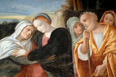 Maria med Sankt Anne og Sankt Joachim, detalje fra Jomfruens cyklus (1553), fresko af Bernardino Lanino (1512-1583), nedre sakristi i Novara Cathedral, Piemonte, Italien