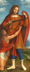 Sankt Martin deler sin kappe med en tigger, 1520-22 (tempera på tavle)