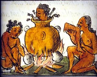 Rituel kannibalisme blandt aztekerne. Manuskript af Bernardino de Sahagún. 17. århundrede. Detalje af COS00778.