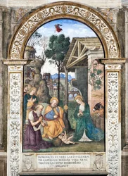 Hyrdernes tilbedelse, fresko af Pinturicchio (Bernardino di Betto) (1454-1513), 1484-1492, Basilica di Santa Maria del Popolo (Santa Maria del Popolo-kirken), Cappella Basso della Rovere, Rom, Italien