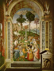 Aeneas Silvius Piccolomini, daværende biskop af Siena, præsenterer kejser Friedrich III for sin brud, Eleanor af Portugal (fresko)