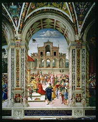 Aeneas Sylvius Piccolomini (1405-64) er kronet digterpristager af Frederik III (1415-93) i 1442