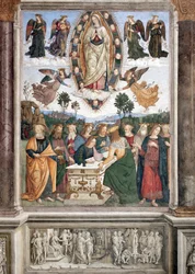 Jomfru Marias himmelfart - Jomfruen er afbildet i en mandorla - Fresko af Pinturicchio (Bernardino di Betto) (1454-1513), 1484-1492, Rom, Basilica di Santa Maria del Popolo, Basso della Rovere-kapellet, Italien