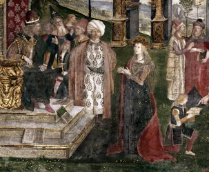 Detalje af den hellige Katarina af Alexandrias disput med filosoffen foran den romerske kejser Maxentius