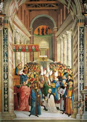 Italien, Siena, domkirken, Piccolomini-biblioteket, Kroningen af pave Pius II, detalje fra Historier om Pius II