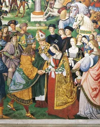 Italien, Siena, domkirken, Piccolomini-biblioteket, Enea Silvio Piccolomini, biskop af Siena, overværer kroningen af Frederik III og Eleonora af Aragonien, detalje fra Historier om Pius II
