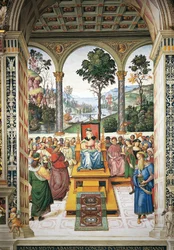 Italien, Siena, katedral, Piccolomini bibliotek, Enea Silvio Piccolomini holder tale for kong James I af Skotland, detaljer fra Historier om Pius II