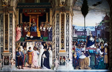 Pius II ankommer til Ancona for at starte korstog (1500-tallet), fresko af Pinturicchio (1452-1513), Piccolomini bibliotek, katedralen i Siena, Toscana, Italien