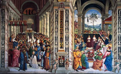 Pius II ankommer til Ancona for at starte korstog (1500-tallet), fresko af Pinturicchio (1452-1513), Piccolomini bibliotek, katedralen i Siena, Toscana, Italien