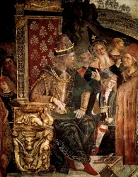 Den hellige Katarina af Alexandrias disput med filosoffer foran den romerske kejser Maximianus Hercules, detalje af Cesare Borgia