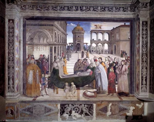 Historien om St. Bernardin, helgenens død (Fresco, ca. 1486)