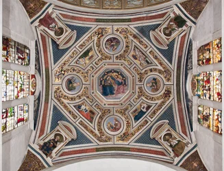 „Jomfruens kroning“, „De fire evangelister“, „Sibyllerne“ og „Kirkelærerne“. Korets hvælving, 1508-1510. Basilica di Santa Maria del Popolo (Santa Maria del Popolo-kirken)