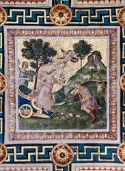 Piccolomini-biblioteket, loftet: "The Rape of Proserpina", fresko af Bernardino di Betto, kendt som Pinturicchio. I panelet skynder Pluto væk i sin vogn, Proserpine tæsker rundt i hans arme og en af gudindens ledsagere truer Pluto