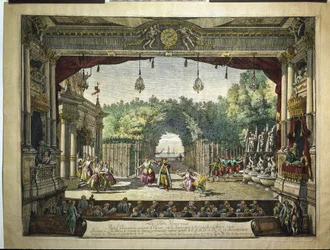 Ballet Den gavmilde tyrker fra De galante Indier af Jean-Philippe Rameau - i Burgtheater i Wien af Bernardo Bellotto (Bellotti) (1720-1780)