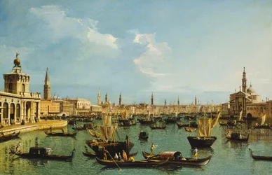 Bacino di San Marco, Venedig, fra Giudecca-kanalen med Dogana, Molo, Riva degli Schiavoni, San Giorgio Maggiore-kirken og talrige både,