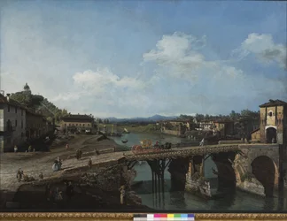 Udsigt over den gamle bro over Po i Torino, 1745