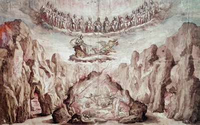 Projekt til indretning og maskineri af et mellemprodukt, Le Tromphe de Circe. Tegning af Bernardo Buontalenti dit delle Girandole (ca. 1523-1608) Søn. 0,46x0,72 m. Paris, Louvre-museet