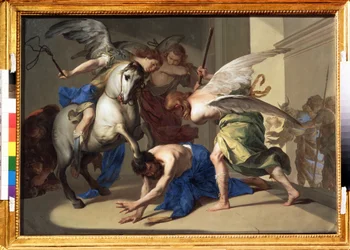 ""Uddrivelsen af ​​Heliodorus fra templet"" (Uddrivelsen af ​​Heliodorus fra templet) Heliodorus (Heliodoros) bliver fordrevet fra templet, fordi han efter ordre fra sin suveræn har forsøgt at erobre skattene i Jerusalems tempel. Maleri af Bernardo Cavalli