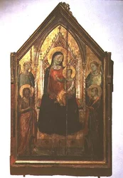 Madonna og barn med helgener på tronen (tempera på panel)
