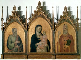 Triptykon af alle hellige eller Madonna med barn mellem St. Matthæus evangelisten og St. Nicholas af Bari - Tempera på panel