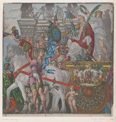 Ark 9: Julius Cæsar i sin hestetrukne vogn, fra The Triumph of Julius Cæsar, 1599.